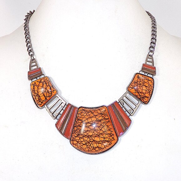 Large orange and black statment necklace and earring set w/ domed cabochon beads - Picture 4 of 7